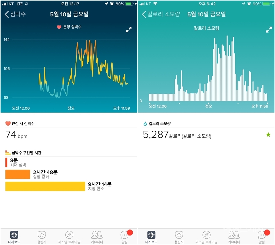 스마트밴드 앱에서 측정된 심박수와 칼로리 소모량. 자료 / 황병우 기자