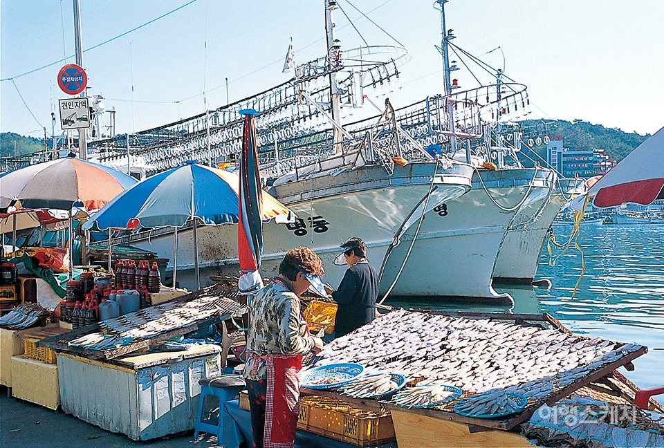 대변항 좌판 가게 옆에는 생선을 말리고 있다. 2004년 2월. 사진 / 김연미 기자