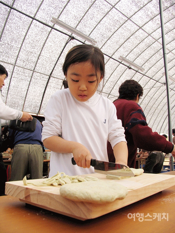 칼국수 면을 조심스럽게 칼질하는 아이. 2005년 2월. 사진 / 김진용 기자
