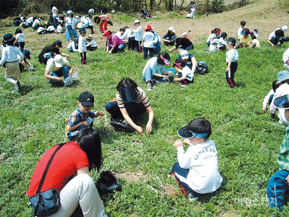 봄나물을 캐는 체험 참가자들. 2006년 4월. 사진제공 / 이응제
