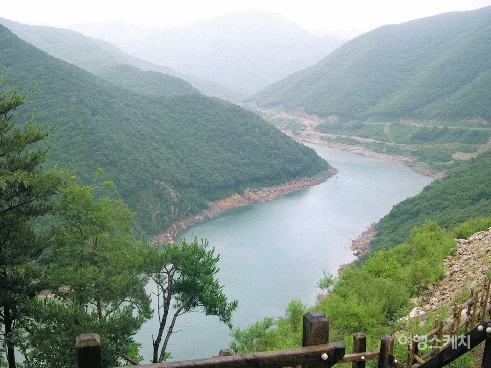 마을 뒤 산에서는 밀양강의 황홀한 경치가 내려다 보인다. 2006년 4월. 사진 / 박지영 기자