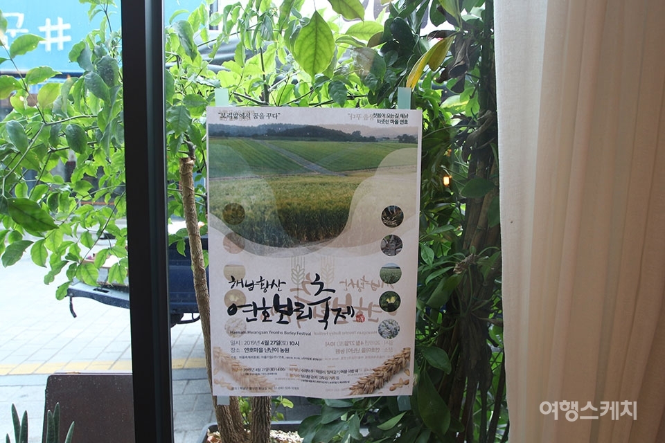 매장 한편에는 오는 27일부터 열리는 해남연호 보리축제 포스터가 붙어 있다. 사진 / 조아영 기자