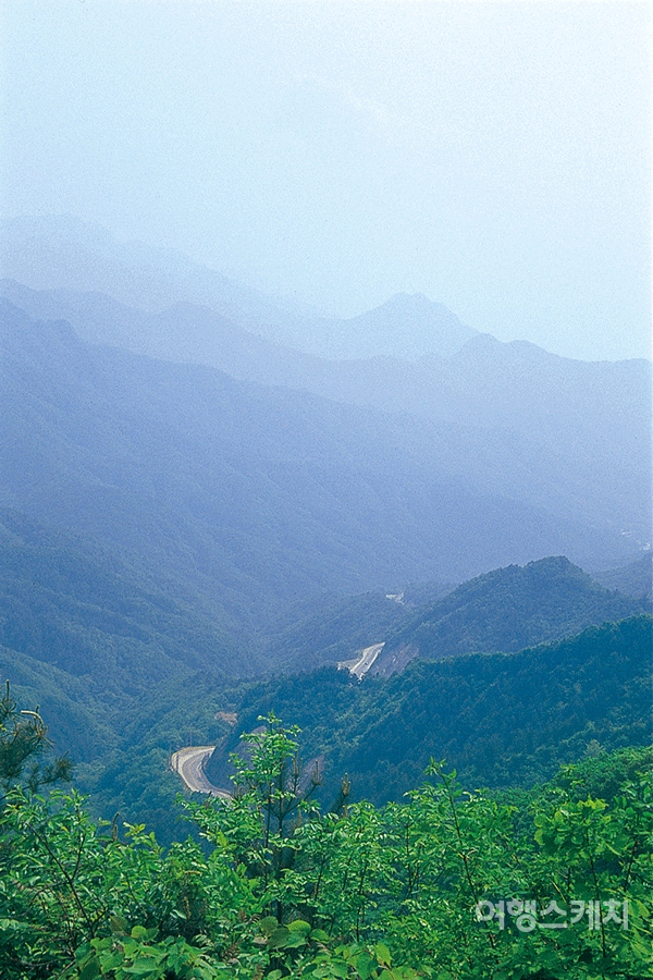 광덕산 동북능선에서 바라본 광덕고개. 멀리 백운산 줄기가 뻗어가는 모습이 희미하게 보인다. 2003년 7월. 사진 / 이민학 기자