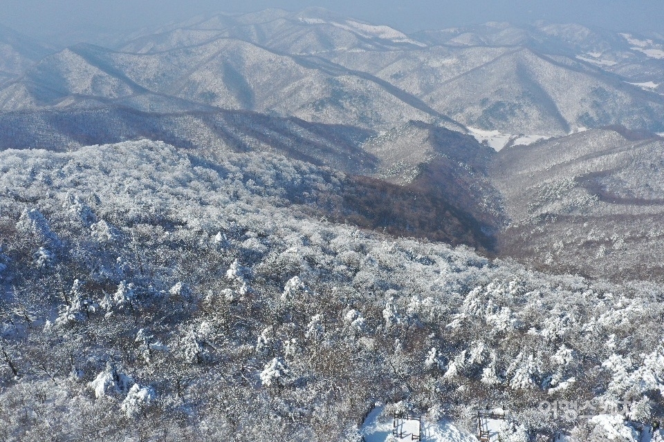 지난 1일, 강원도 용평리조트 발왕상 정상에서 바라본 겨울 풍경. 드론 촬영 / 조용식 기자